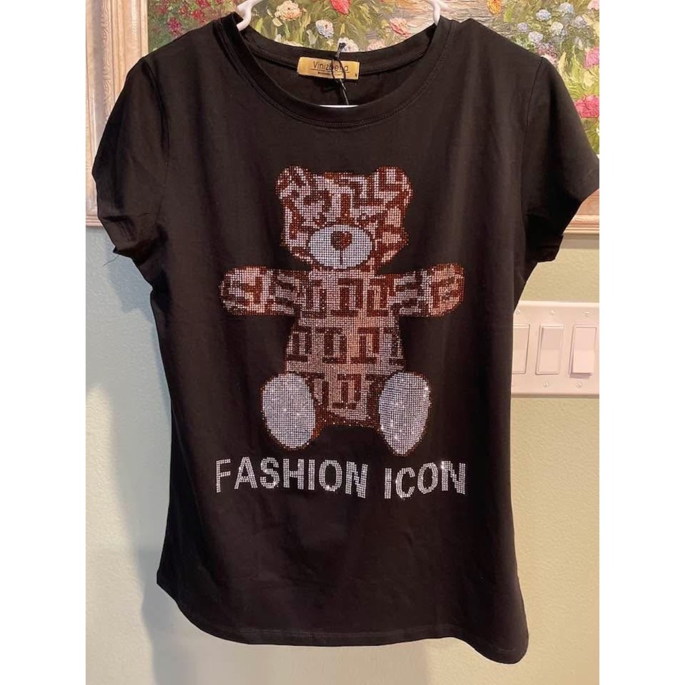 VInizbena Rhinestones Black Bear Size Small T-Shirt New